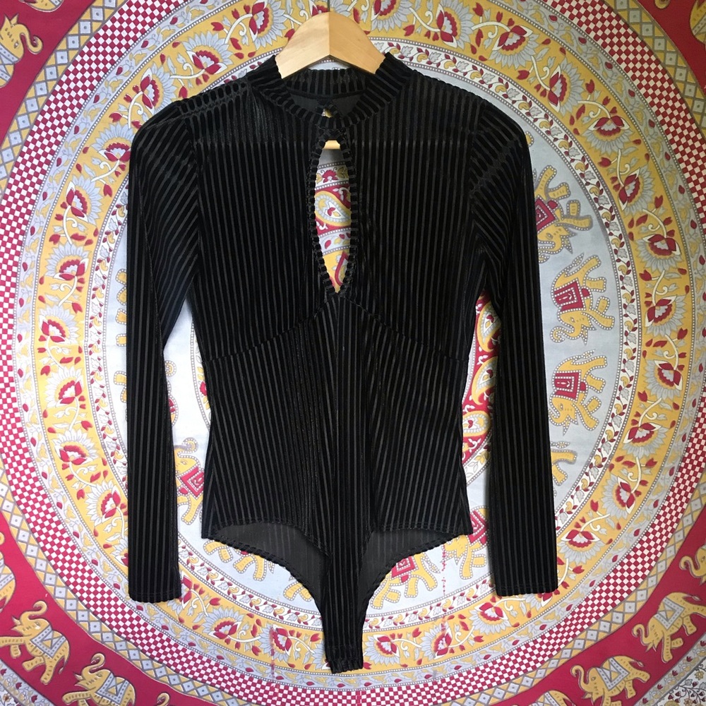 Sheer and Velvet Striped Bodysuit